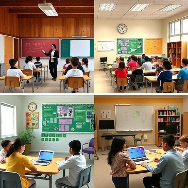 Two contrasting classrooms: One traditional classroom with a strict teacher and students sitting in rows, and another scene with a flexible, modern learning setup where students learn through digital devices, home-based study, and interactive methods.