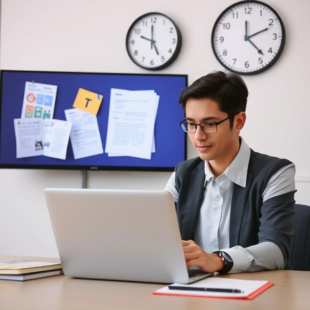 Asian businessman working on laptop in office with clocks showing different time zones, documents on display board, and professional workspace setup.