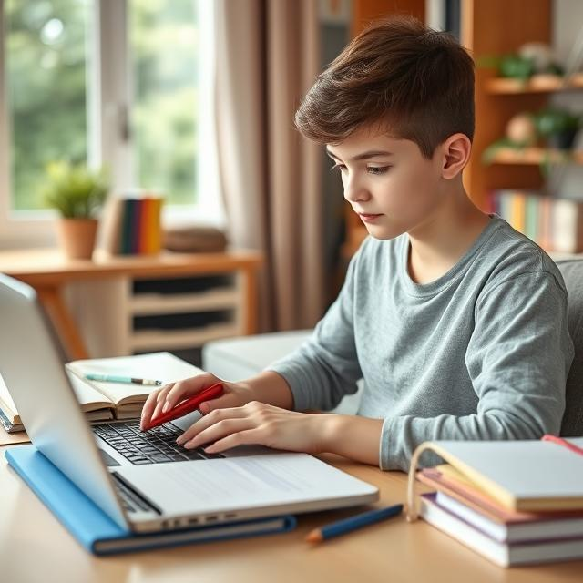 A young student studying independently at home, using a laptop and study materials. The background includes educational books, a study table, and a peaceful environment, symbolizing flexibility and self-paced learning.