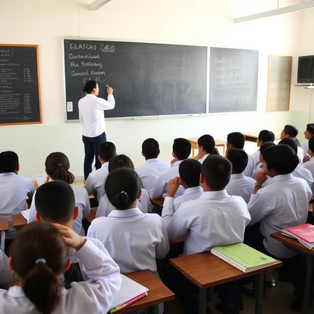 A teacher writing on a blackboard in a classroom filled with students. The students, dressed in white shirts, are seated at wooden desks, attentively watching the teacher. Notebooks and stationery are visible on the desks.