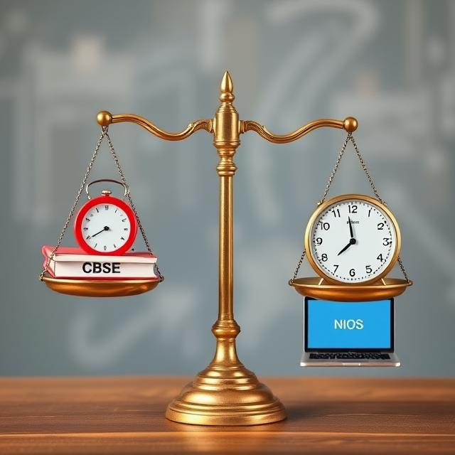 A scale balancing two sides: One side represents strict schedules with a school bell, fixed timetable, and books marked 'CBSE.' The other side shows a relaxed study environment with a clock showing flexible hours and a laptop marked 'NIOS.