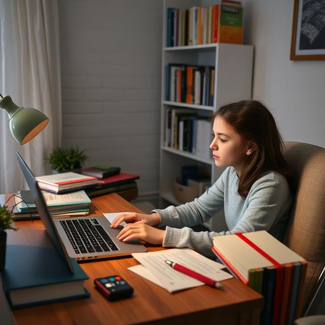 A student studying from home with online learning materials and books, representing flexible learning through open schooling. A diploma or certificate is visible on the desk.