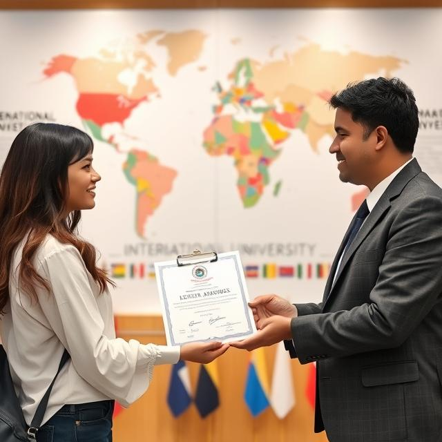 A woman receiving a certificate from a man in a formal setting, with a world map on the wall and flags in the background. Both are smiling, highlighting a moment of achievement.