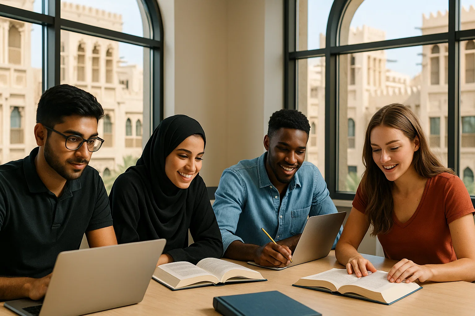 Professional photograph of diverse students studying together in a modern Dubai classroom with traditional Arabic architecture visible through large windows, natural lighting, laptops and books on table, motivated expressions, photorealistic, high quality