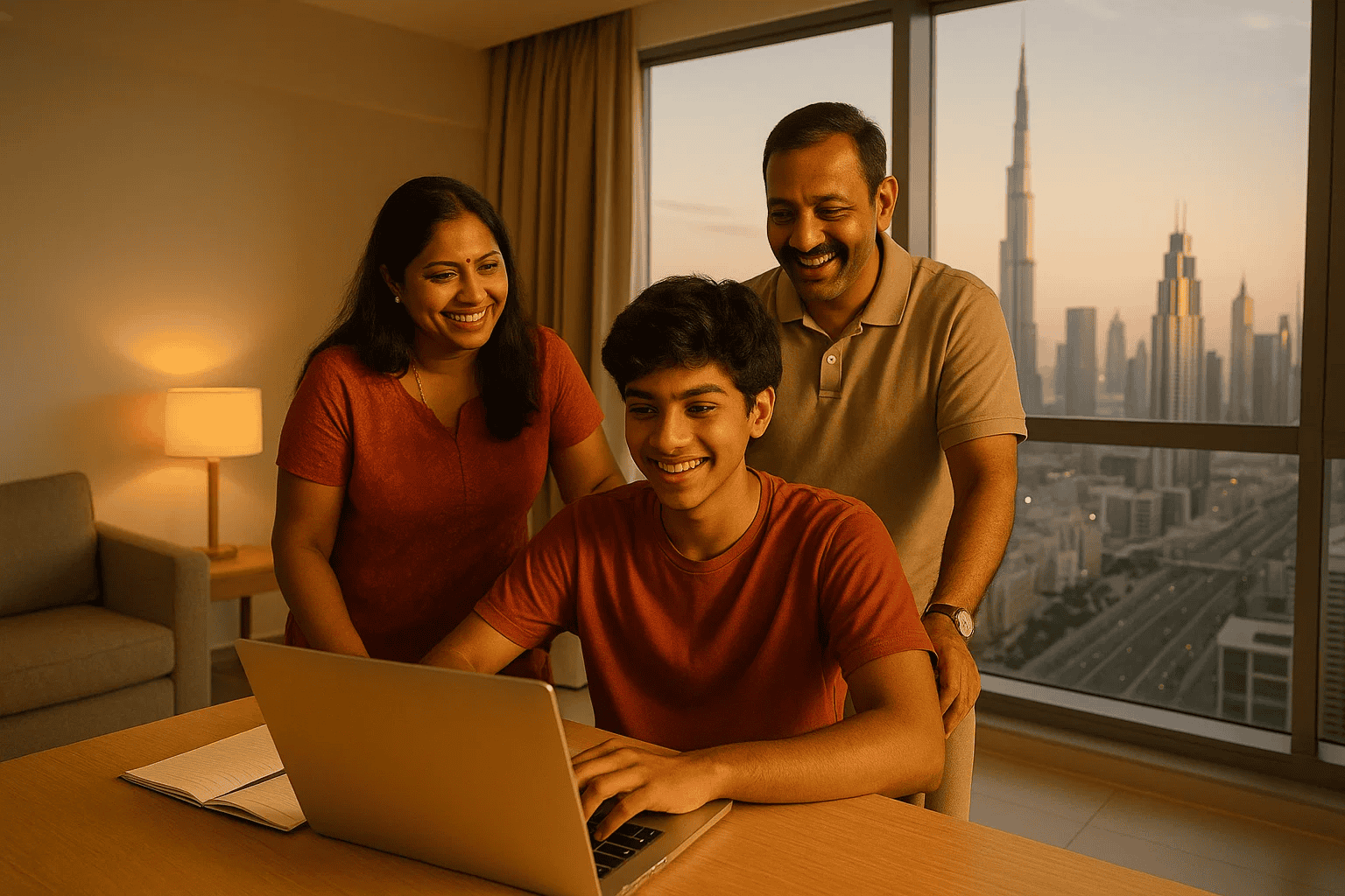A smiling teenage boy uses a laptop at a desk while two adults, likely his parents, stand beside him, also smiling. The room has large windows showing a city skyline at sunset.