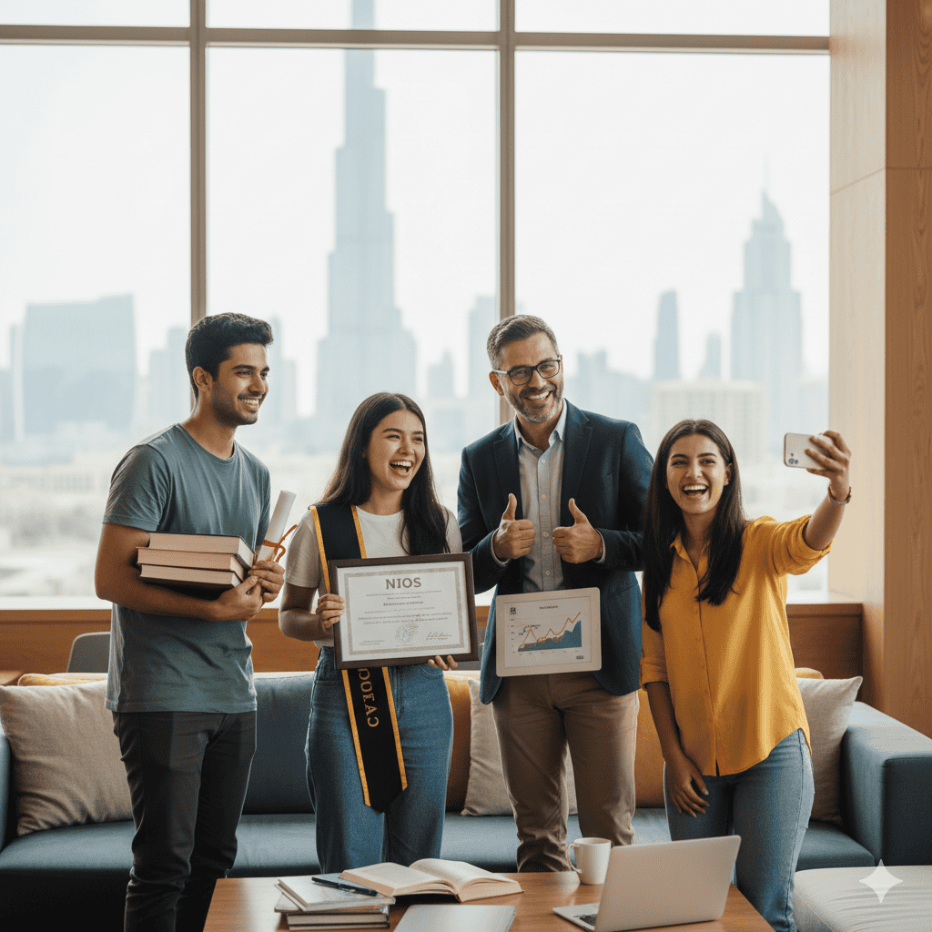 A group of four people pose for a selfie in an office with city skyscrapers visible outside. One holds books, another a certificate in graduation attire, and a third shows a chart. They are all smiling and celebrating.
