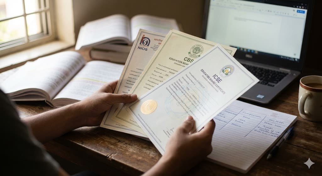 A person holds three educational certificates beside a laptop and open books on a wooden desk. Papers and a coffee cup create a focused study atmosphere.