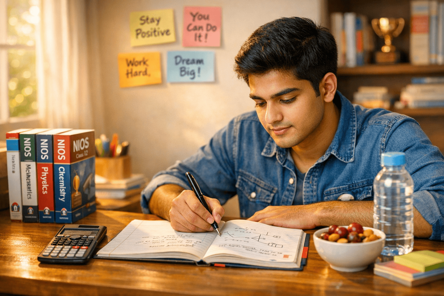 Focused student studying for NIOS board exams with textbooks and notes to score 90+ marks
