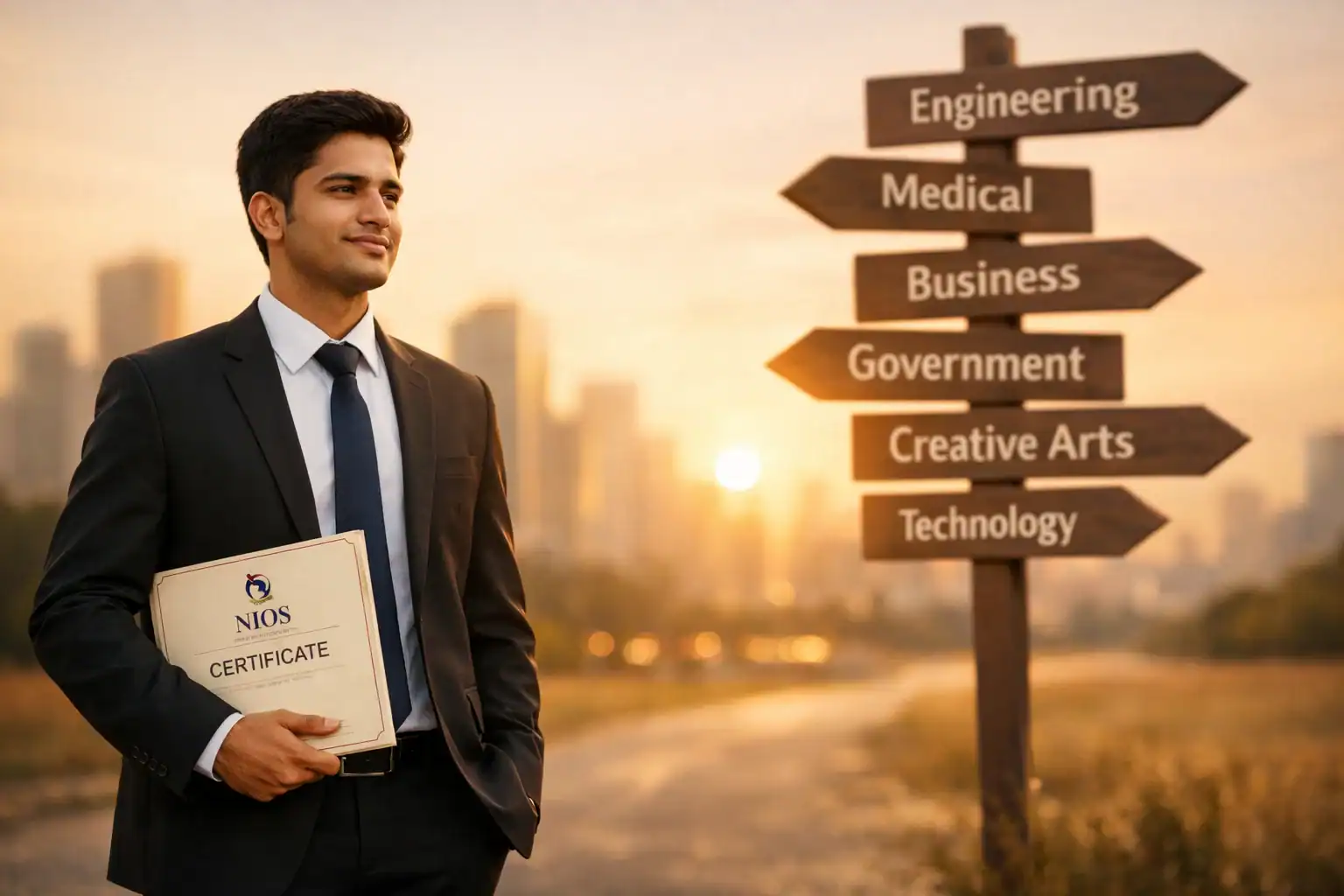 Young man in suit holding NIOS certificate beside signpost showing career paths at sunset city skyline