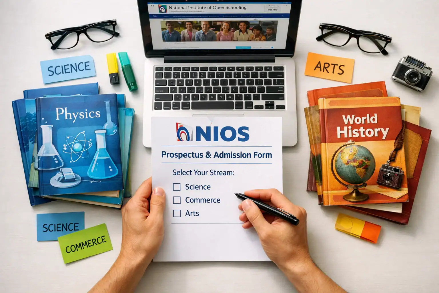 Hands holding NIOS admission form selecting Science, Commerce or Arts, with textbooks and laptop on desk.