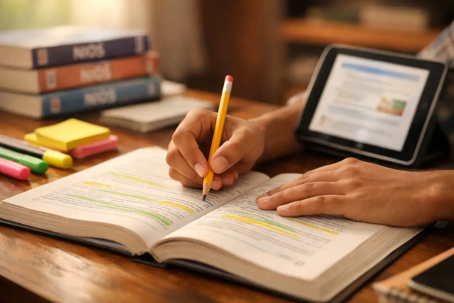 Student studying NIOS textbook, highlighting notes with pencil at wooden desk.