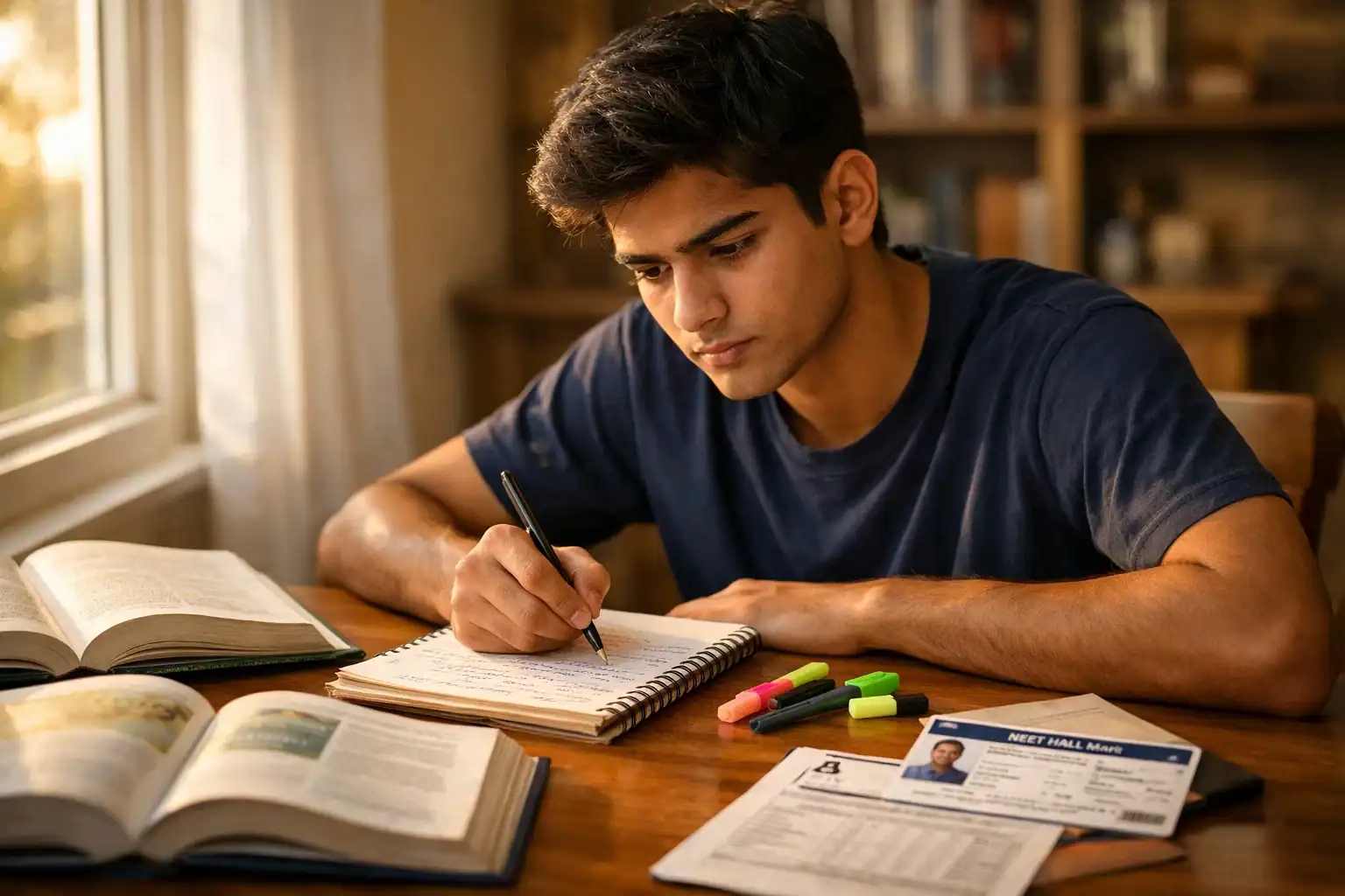 A NIOS student preparing for NEET exam with Physics, Chemistry and Biology books on study desk