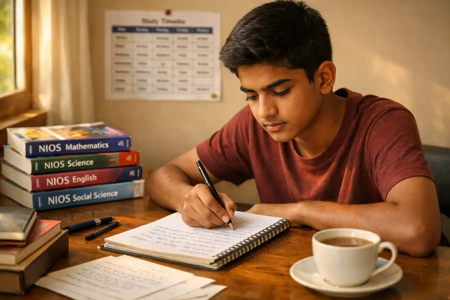 A student preparing for NIOS 10th exam with textbooks and study notes on a wooden desk