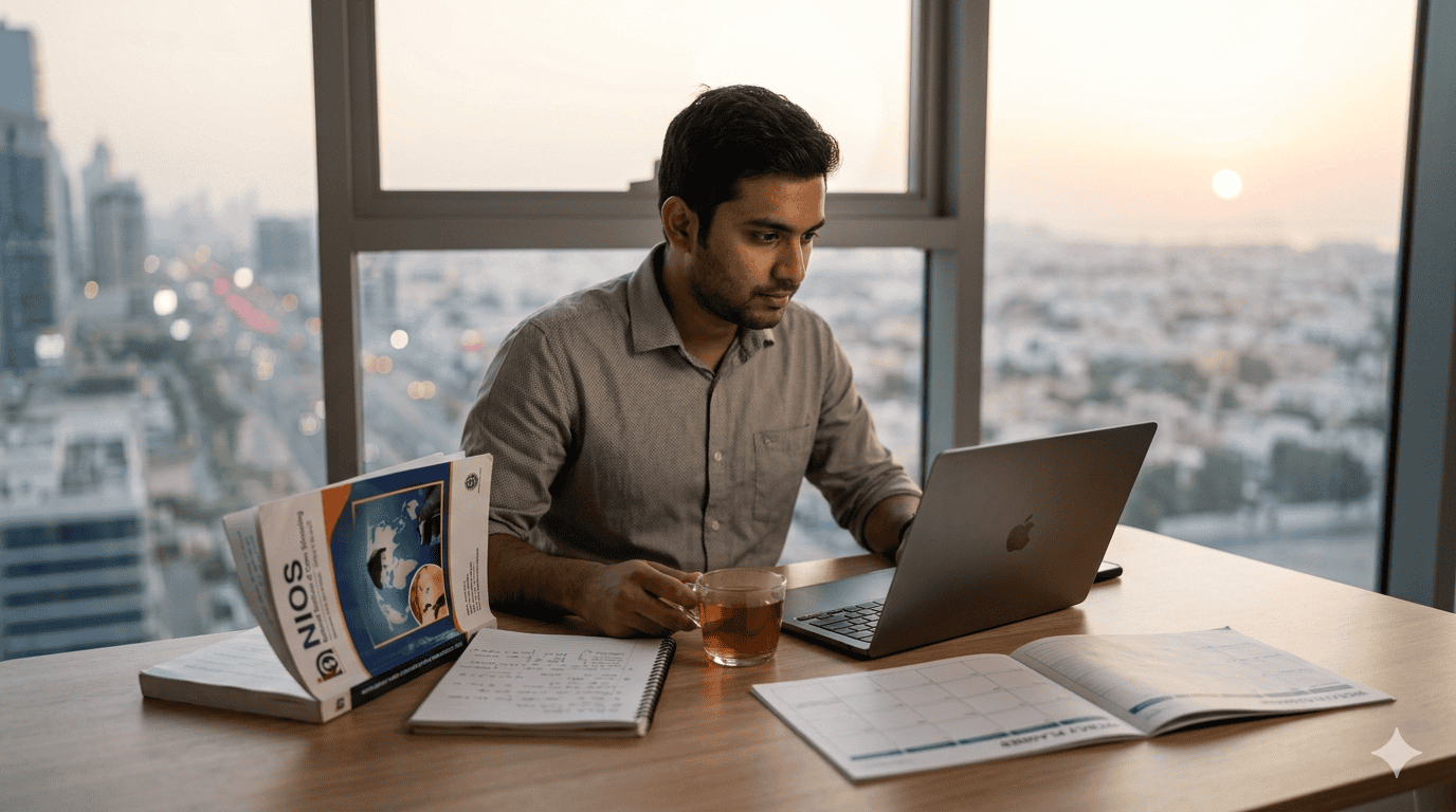 A man working on a laptop at a desk with a city view during sunset.
