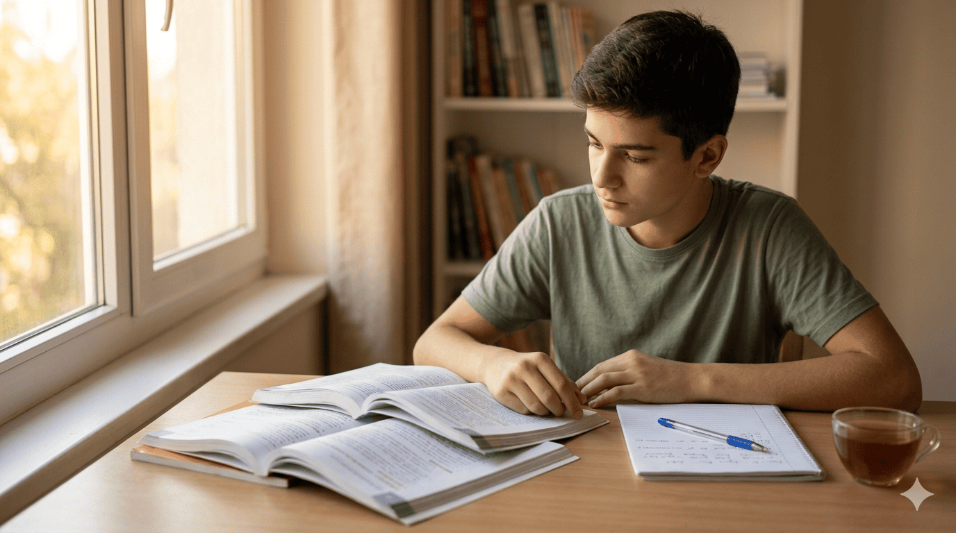 Student preparing for NIOS On Demand Exam at home with textbooks and notes