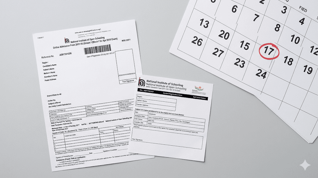 Official documents and calendar page on a light gray background.