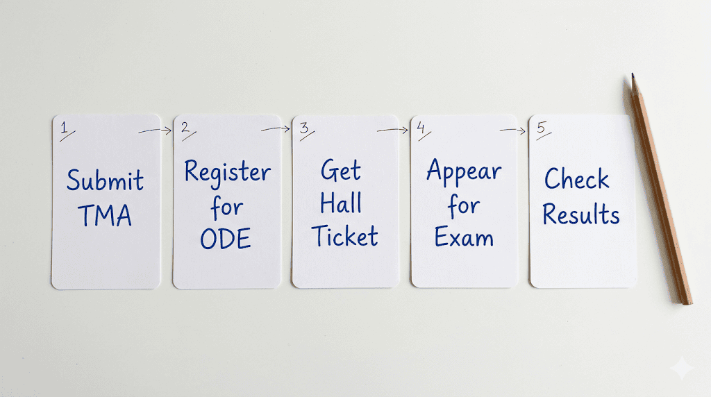 Step-by-step process cards for NIOS On Demand Exam registration and preparation