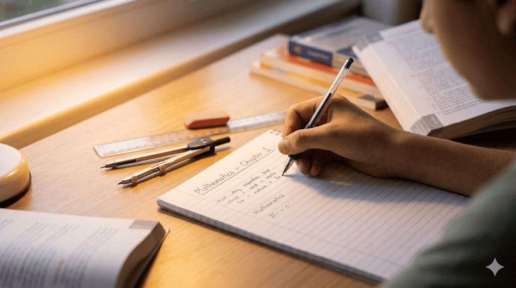 A student taking notes with textbooks and stationery on a wooden desk.
