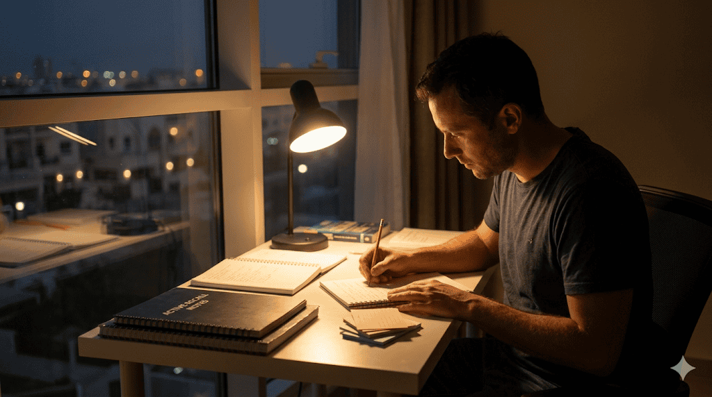 Studious man studying at night with a laptop and books in a well-lit room.