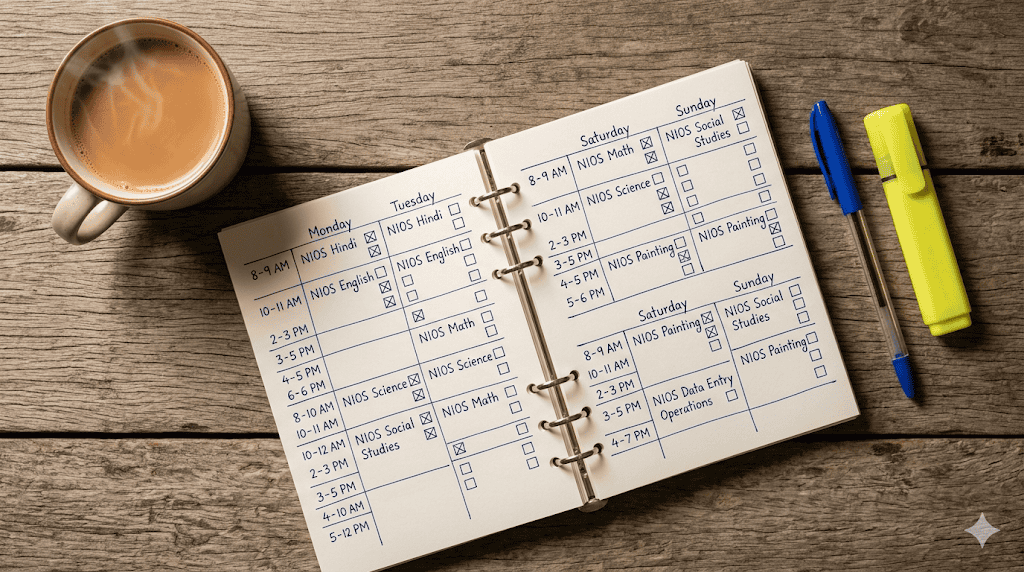 Weekly planner with schedule and colorful pens on wooden desk for organization.