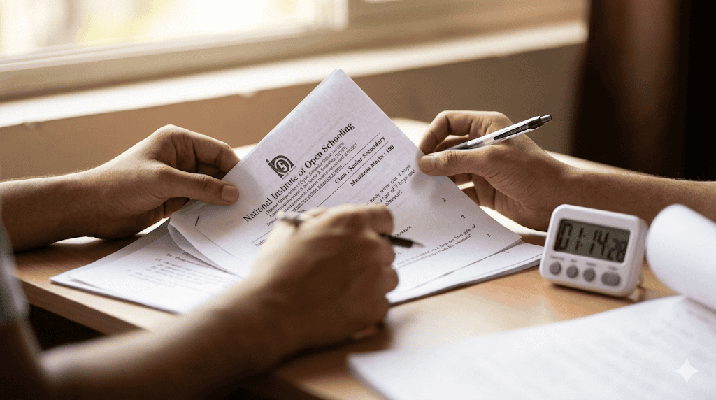 A person reviewing documents with a pen and a timer on a wooden desk.